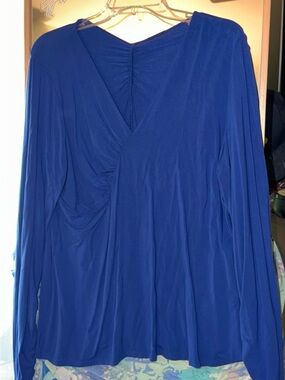 Elie Tahari Cobalt Blue V-Neck Top with Branded Metal Plate